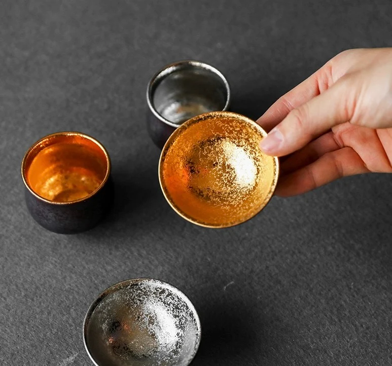 Arita-Yaki Handcrafted Vintage Gold and Silver Glaze Sake Cup Set - Image 3