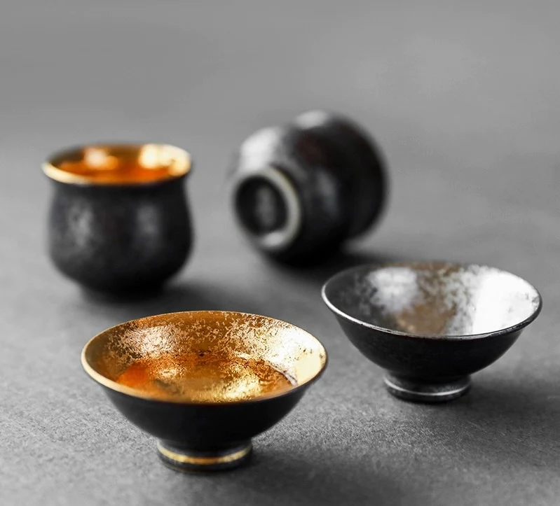 Arita-Yaki Handcrafted Vintage Gold and Silver Glaze Sake Cup Set - Image 6