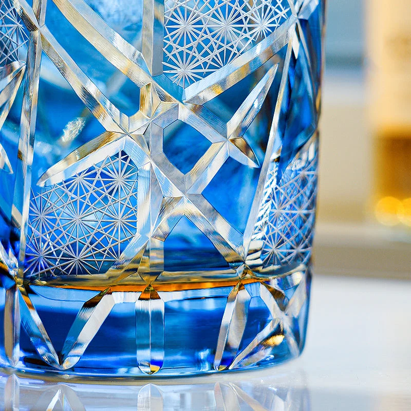 Edo Kiriko Hand-Carved Amber Lightning Pattern Whiskey Glass - Image 11