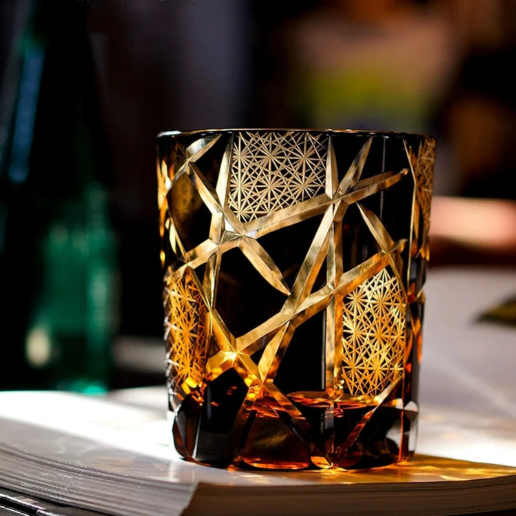 Edo Kiriko Hand-Carved Amber Lightning Pattern Whiskey Glass - Image 14
