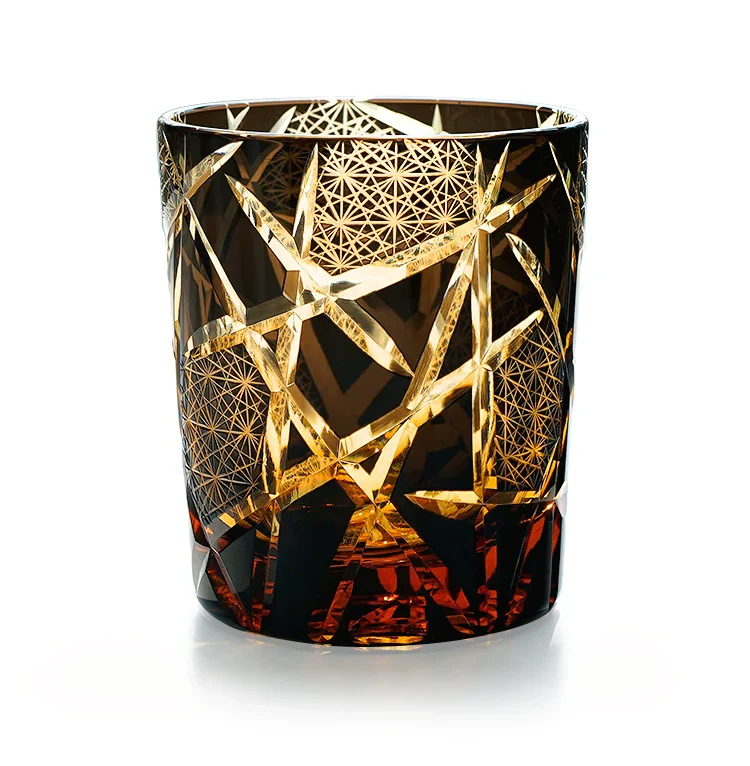 Edo Kiriko Hand-Carved Amber Lightning Pattern Whiskey Glass - Image 18
