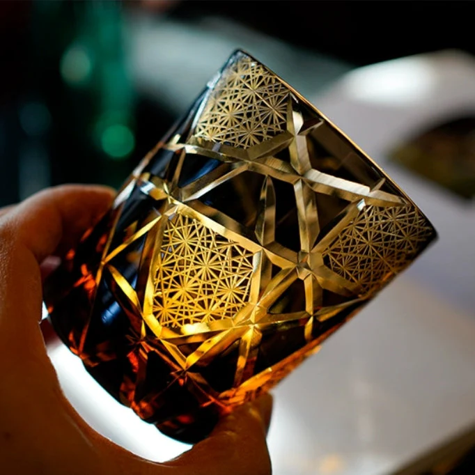 Edo Kiriko Hand-Carved Amber Lightning Pattern Whiskey Glass - Image 3