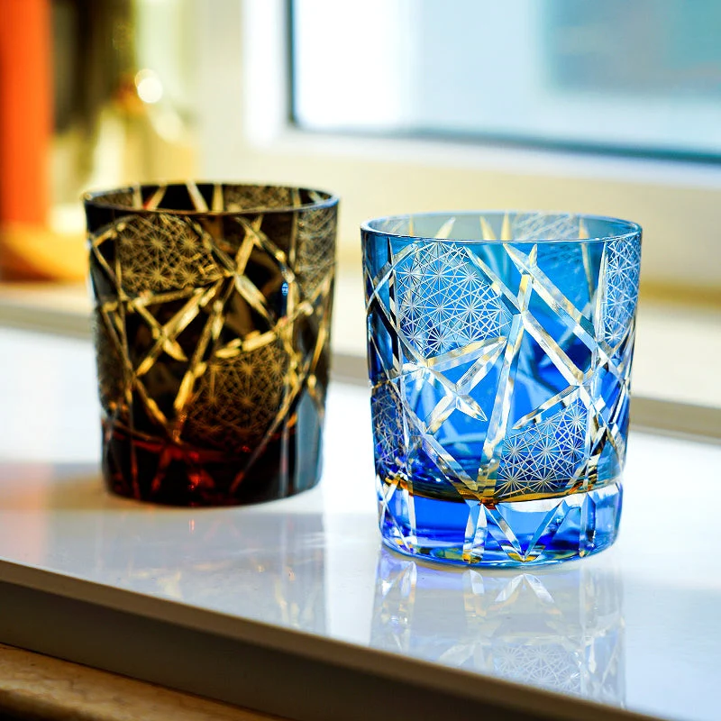 Edo Kiriko Hand-Carved Amber Lightning Pattern Whiskey Glass - Image 4