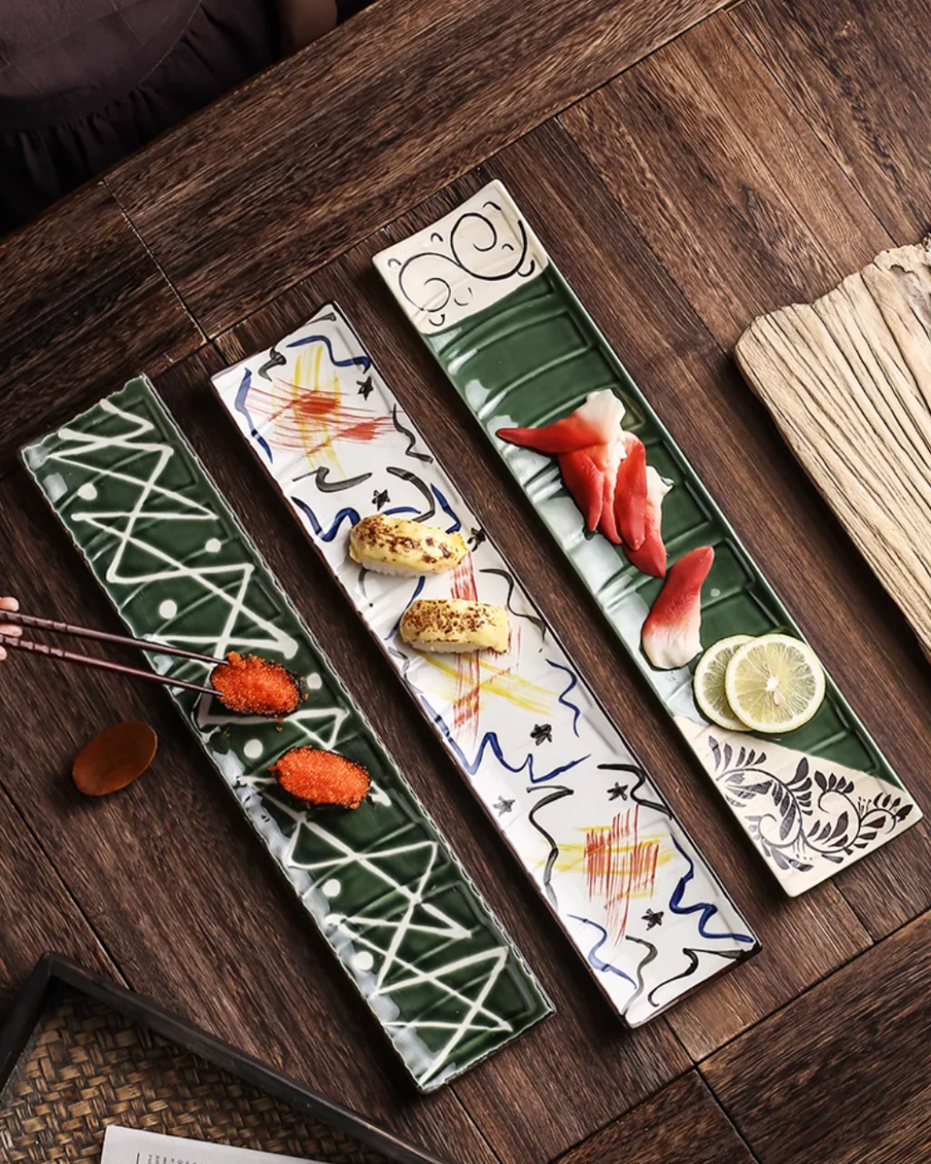 Fukutora Ware Hand-Painted Checkered Long Sushi Plate - Image 3