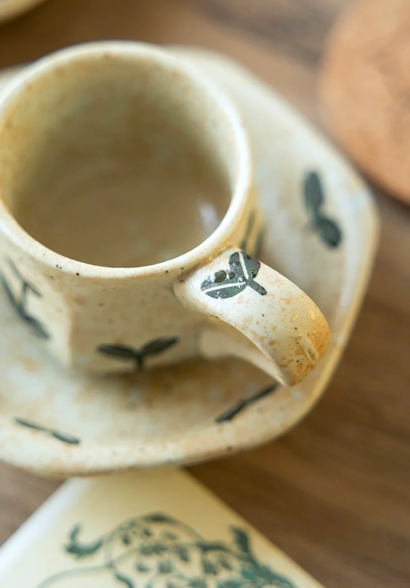 Hasami-Yaki Ceramic Hand-Painted Floral and Leaf Pattern Coffee Cup - Image 11