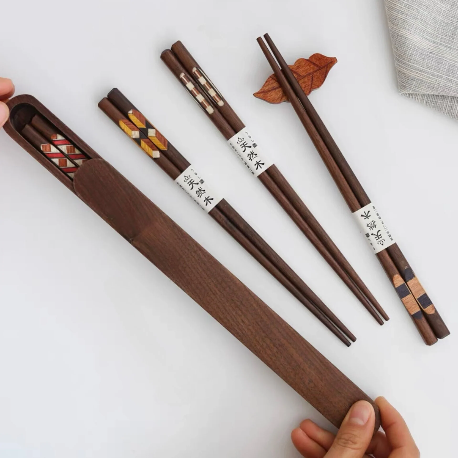 Japanese Handcrafted Walnut Wood Storage Box and Chopstick Set - Image 4