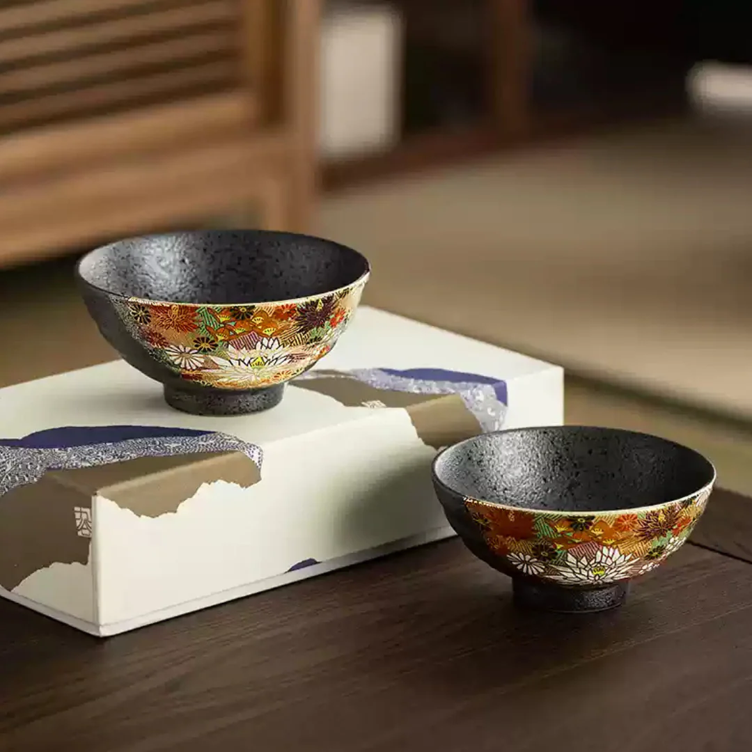 Kutani Ware Golden Floral Sea Rice Bowl Set - Image 11