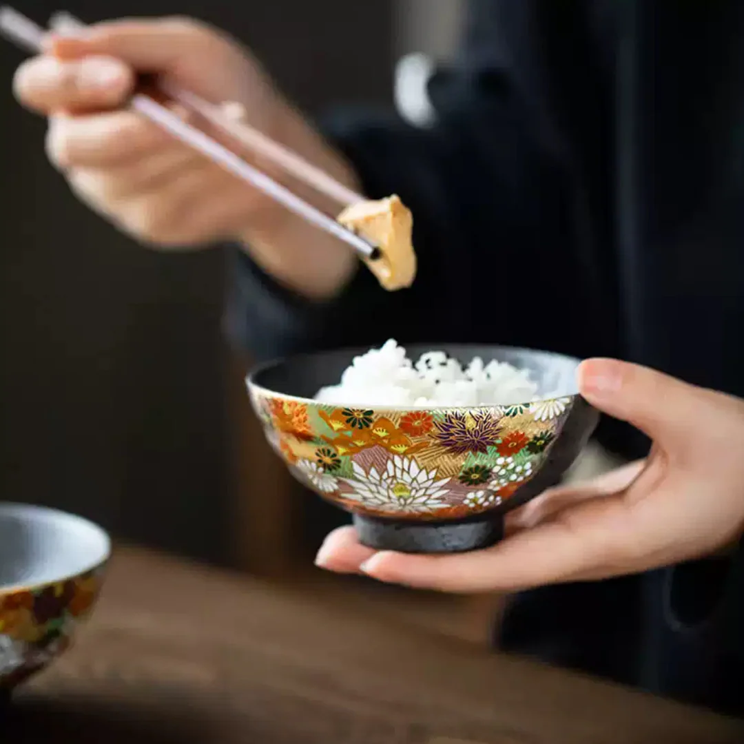 Kutani Ware Golden Floral Sea Rice Bowl Set - Image 9