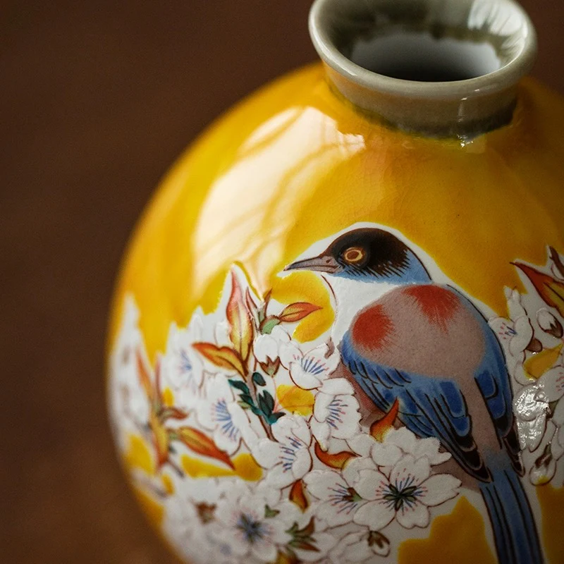 Kutani Ware Hand-Painted Cherry Blossom and Bird Sake Set - Image 3