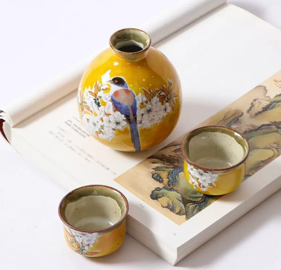 Kutani Ware Hand-Painted Cherry Blossom and Bird Sake Set - Image 5