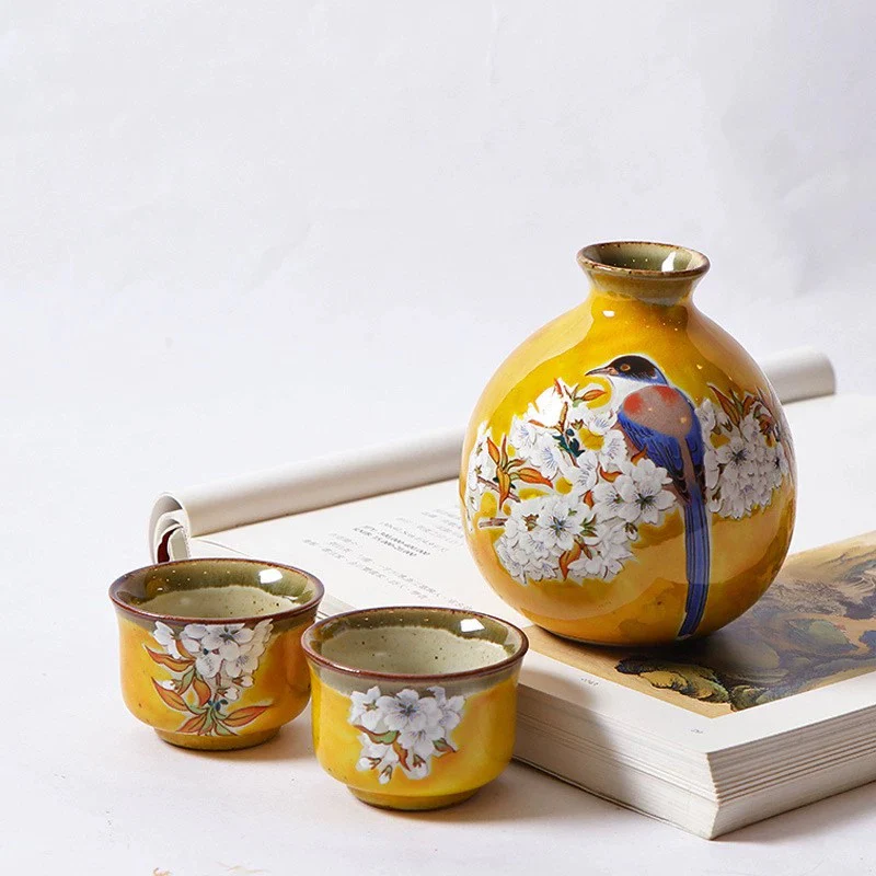 Kutani Ware Hand-Painted Cherry Blossom and Bird Sake Set - Image 7