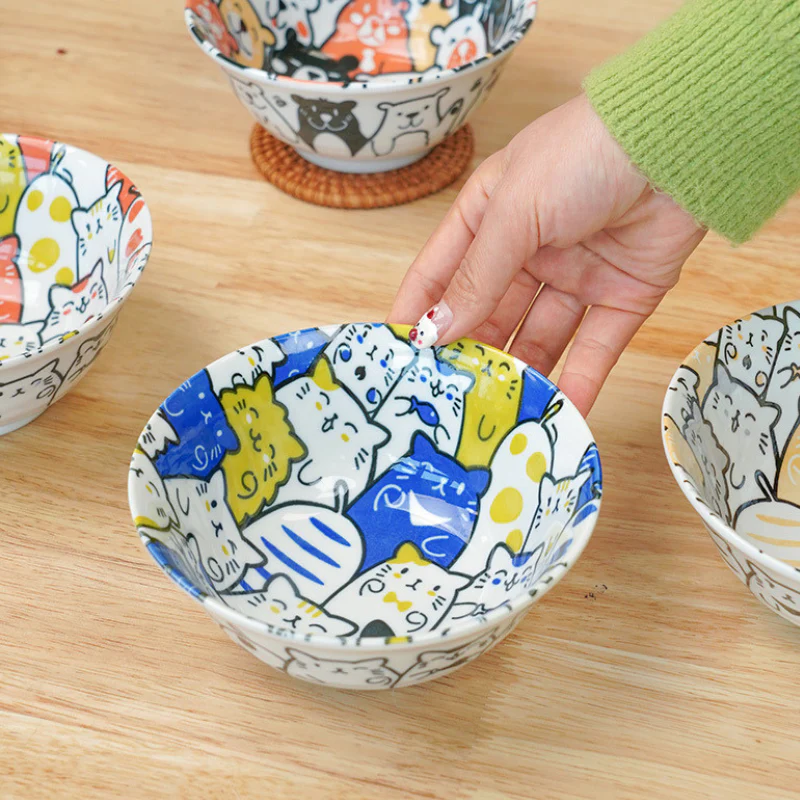Mino Ware Cat and Dog Series Underglaze Rice Bowl - Image 9