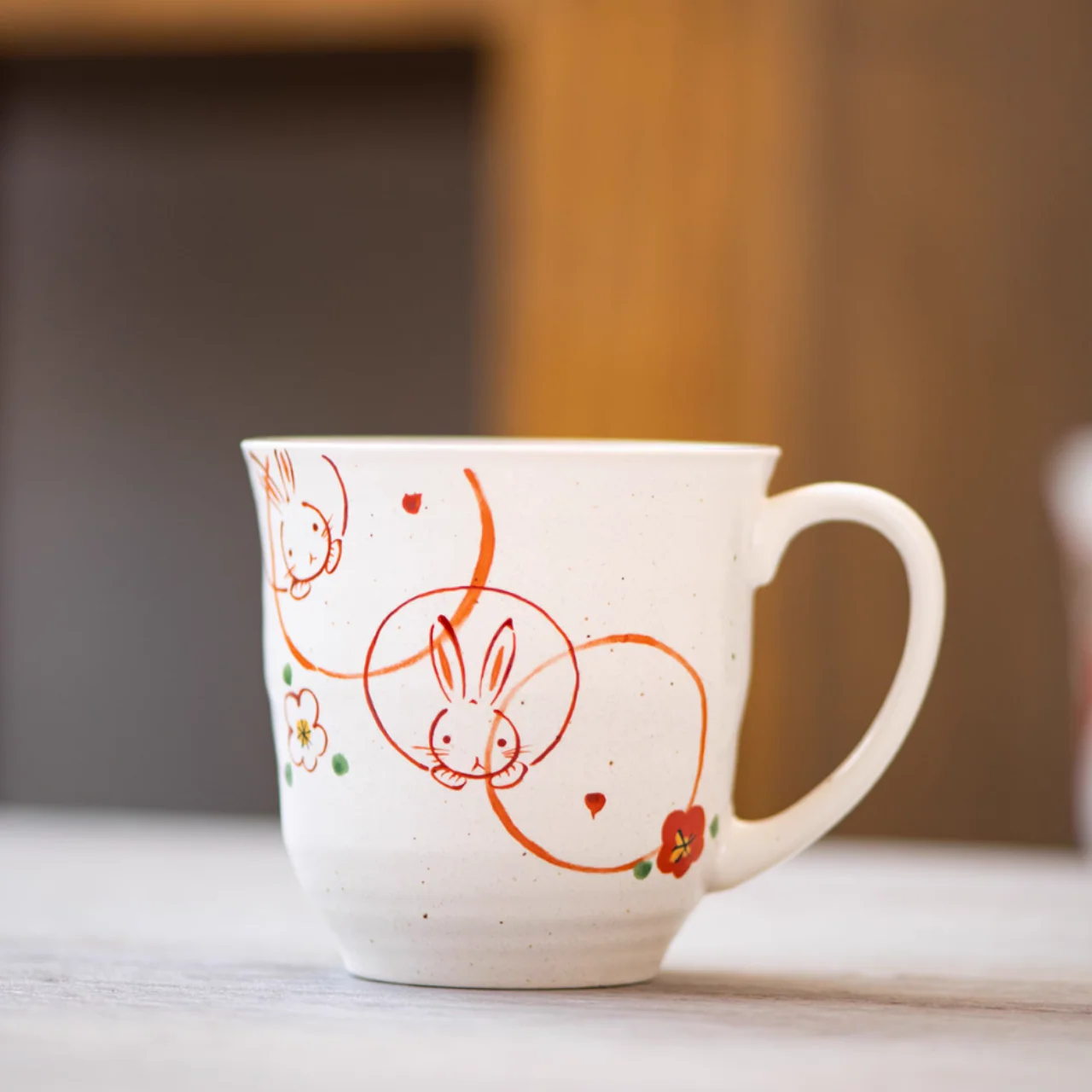 Mino Ware Wind, Flower, Snow & Rabbit Couple Mug Set – Wedding & Housewarming Gift - Image 3
