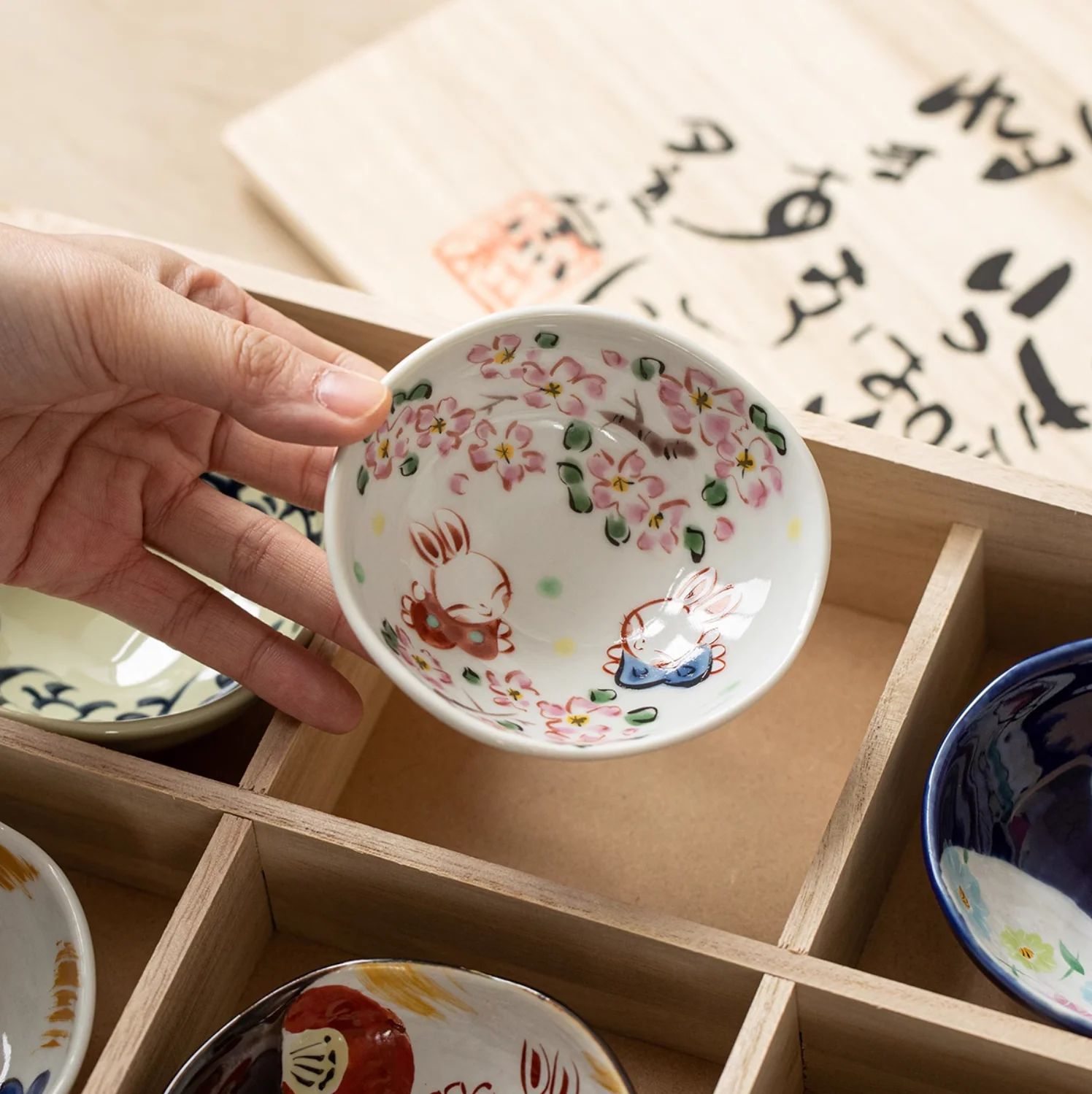 Seto Ware Yudachi Kiln Sakura Rabbit Ceramic Dipping Plate Gift Set - Image 4